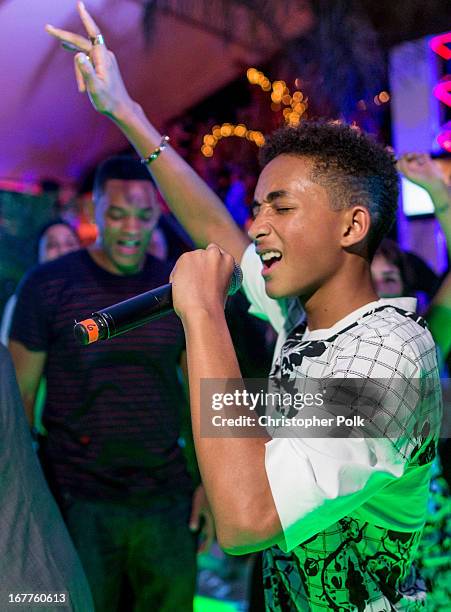 Actors Jaden Smith and Will Smith perform at the "After Earth" party at The 5th Annual Summer Of Sony at the Ritz Carlton Hotel on April 23, 2013 in...