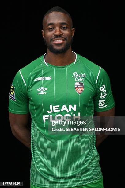 Lorient's Cameroonian goalkeeper Yvon Mvogo poses for a photograph during an official Lorient L1 football team presentation in Lorient, western...
