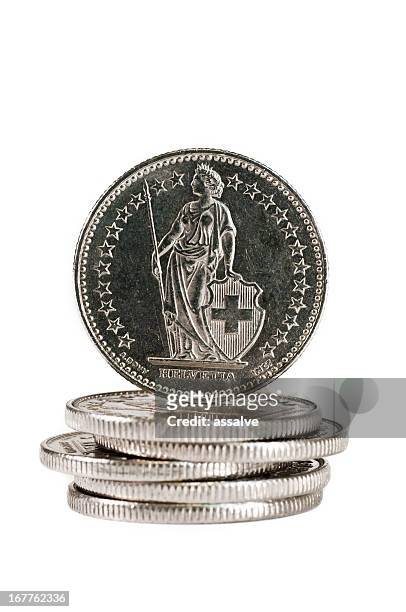 helvetia on the back of a swiss coin - swiss money stockfoto's en -beelden