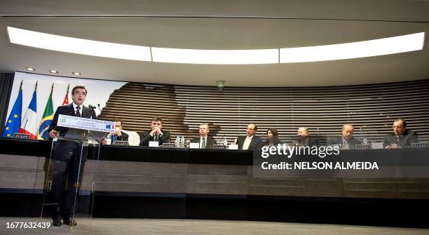 French Prime Minister Francois Fillon speaks during a meeting with Brazilian businessman at Sao Paulo's State Industry Federation headquarters in Sao...