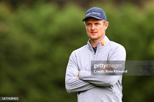 Justin Rose of England looks across the 18th hole prior to the BMW PGA Championship at Wentworth Golf Club on September 13, 2023 in Virginia Water,...