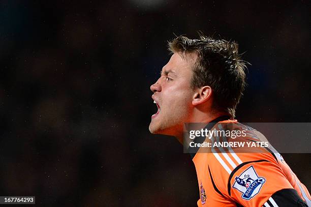 Sunderland's Belgian goalkeeper Simon Mignolet shouts during the English Premier League football match between Aston Villa and Sunderland at Villa...