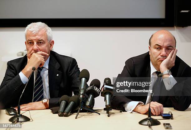 Alessandro Profumo, chairman of Banca Monte dei Paschi di Siena SpA, left, and Fabrizio Viola, chief executive officer of Banca Monte dei Paschi di...