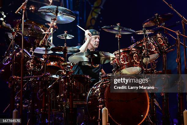 Neil Peart of Rush performs at BB&T Center on April 26, 2013 in Sunrise, Florida.