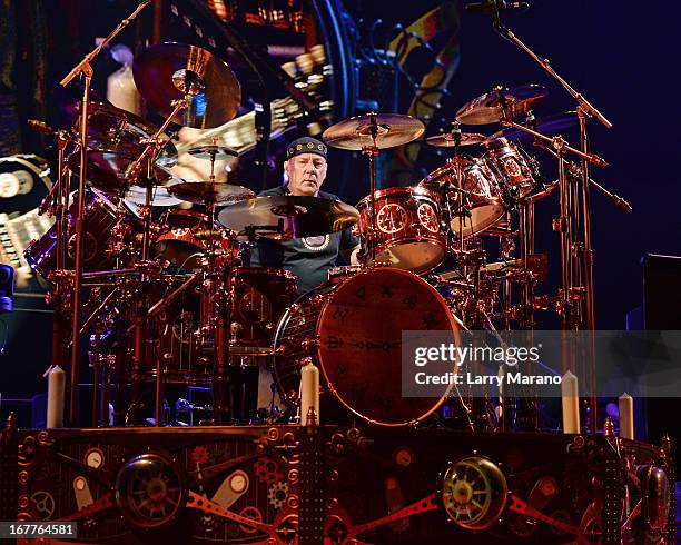 Neil Peart of Rush performs at BB&T Center on April 26, 2013 in Sunrise, Florida.
