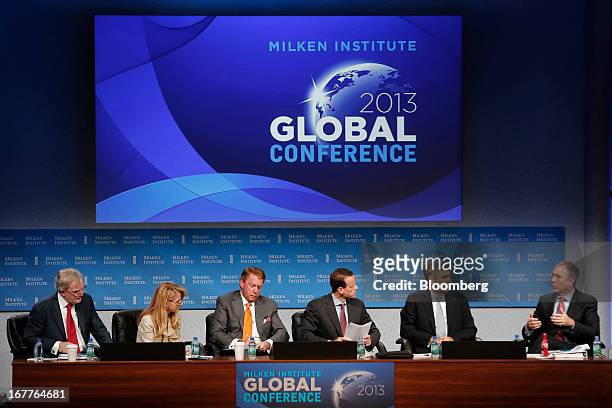 Willem Buiter, chief economist for Citigroup Inc., from left, Madelyn Antoncic, vice president and treasurer of World Bank Group, Terry Duffy,...