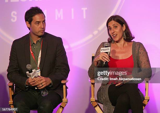 Entertainment Evangelist at Tumblr David Hayes and Chief Marketing Officer at Netbase Lisa Joy Rosner speak onstage at Variety's Spring 2013...