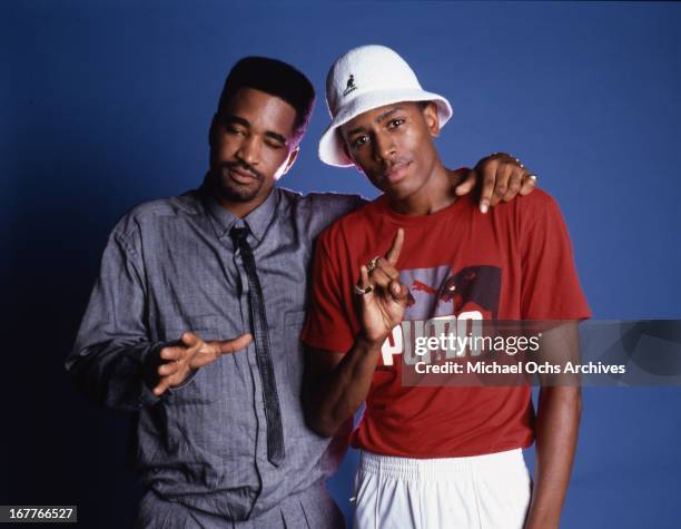 Rapper MC Shan , wearing a Kangol hat and a Puma T-shirt, poses for a portrait session with American DJ, record producer, rapper Marley Marl, circa...