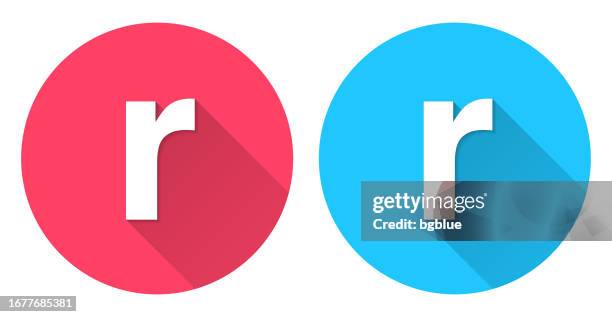 letter r. round icon with long shadow on red or blue background - r logo stock illustrations