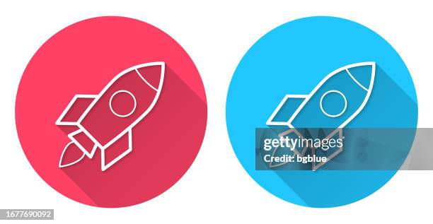 rocket. round icon with long shadow on red or blue background - ship on fire stock illustrations