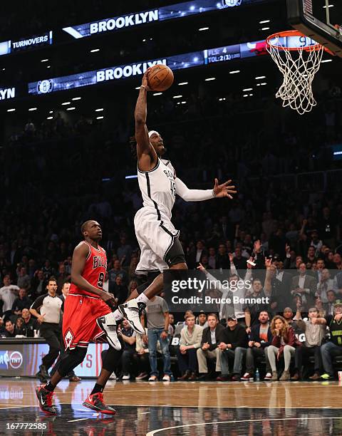 Gerald Wallace of the Brooklyn Nets scores a dunk against the Chicago Bulls with two minutes left in the game to make it 103-91 during Game Five of...