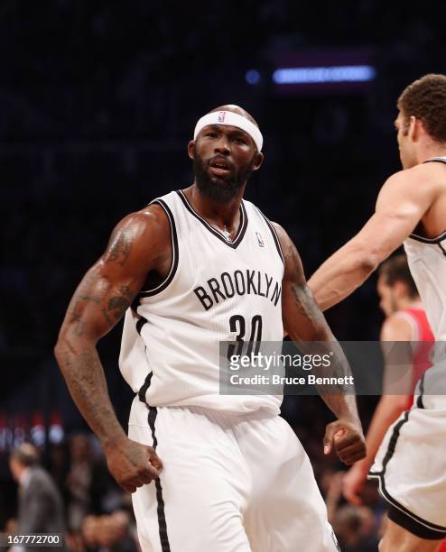Reggie Evans of the Brooklyn Nets reacts after scoring two in the third against the Chicago Bulls during Game Five of the Eastern Conference...