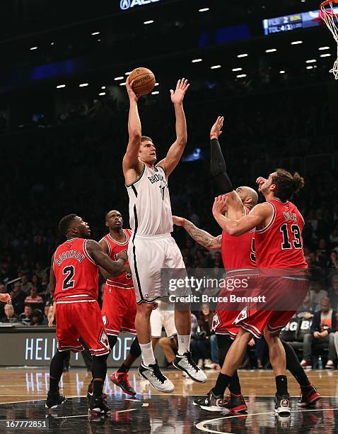 Brook Lopez of the Brooklyn Nets led all scores with 28 against the Chicago Bulls during Game Five of the Eastern Conference Quarterfinals of the...