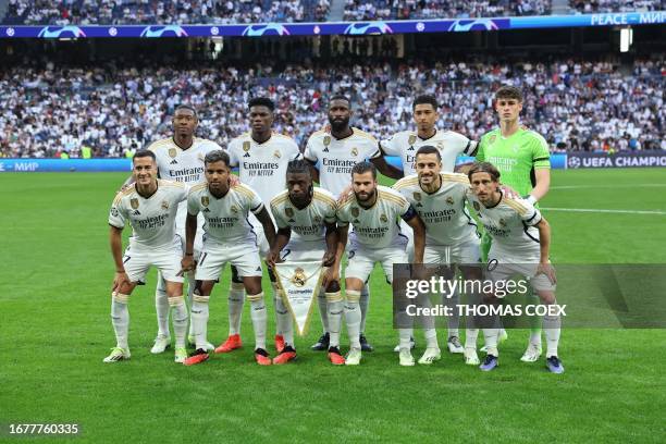 Real Madrid's Austrian defender David Alaba, Real Madrid's French defender Aurelien Tchouameni, Real Madrid's German defender Antonio Rudiger Real...