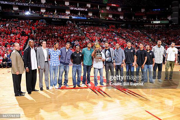 Rio Grande Valley Vipers players and coaches are presented with the NBA D-League Championship trophy in Game Four of the Western Conference...