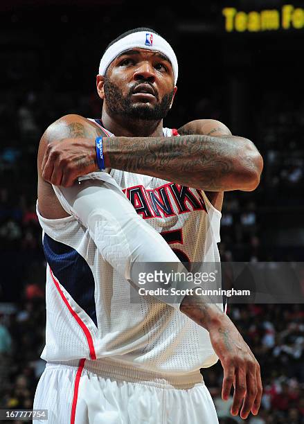Josh Smith of the Atlanta Hawks reacts during Game Four of the Eastern Conference Quarterfinals against the Indiana Pacers in the 2013 NBA Playoffs...