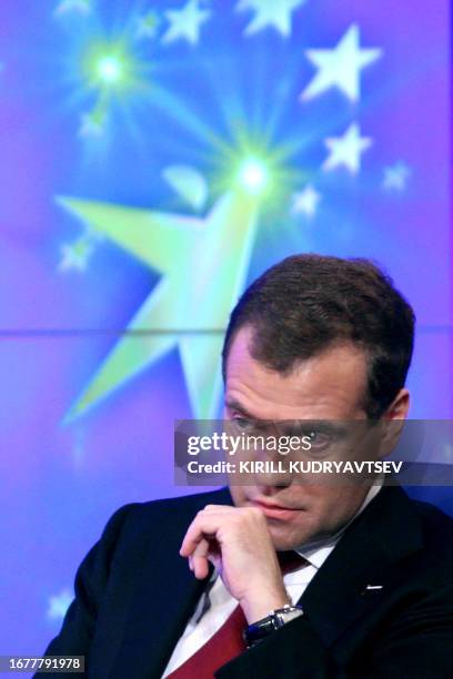 Russian President Dmitry Medvedev gestures as he attends the ceremony of the International Global Energy Award at the St. Petersburg International...