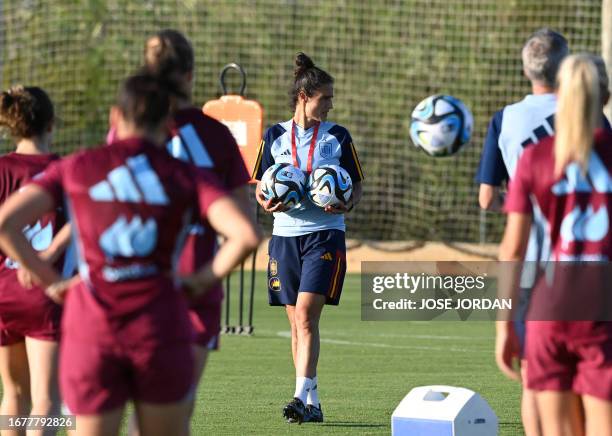 New Spain's head coach Montse Tome leads a training session in Oliva near Valencia, on September 20, 2023 ahead of their UEFA Nations League football...