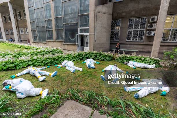 Participants of training take part in chemical, biological, radiological, nuclear and explosive exercises on September 5, 2023 in Dnipro, Ukraine....