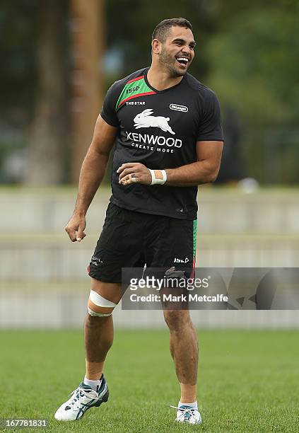 Greg Inglis smiles during a South Sydney Rabbitohs NRL training session at Redfern Oval on April 30, 2013 in Sydney, Australia.