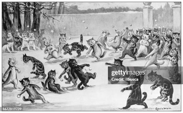 antique image from british magazine: cat snowball fight - battle group stock illustrations