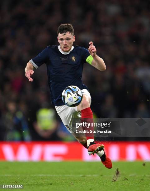 Scotland player Andrew Robertson in action during the 150th Anniversary Heritage Match between Scotland and England at Hampden Park on September 12,...