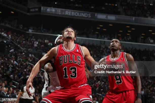 Joakim Noah of the Chicago Bulls waits for the rebound against the Brooklyn Nets in Game Five of the Eastern Conference Quarterfinals during the 2013...