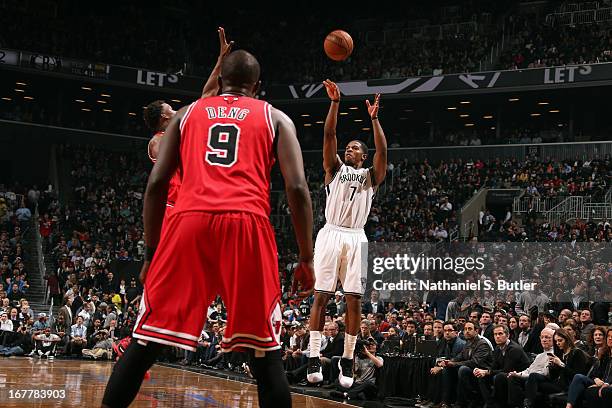 Joe Johnson of the Brooklyn Nets takes a three pointer against the Chicago Bulls in Game Five of the Eastern Conference Quarterfinals during the 2013...