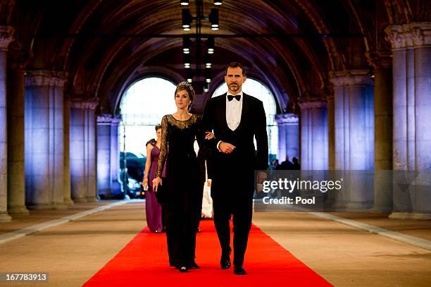 Princess Letizia of Spain and Prince Felipe of Spain arrive to attend a dinner hosted by Queen Beatrix of The Netherlands ahead of her abdication at...