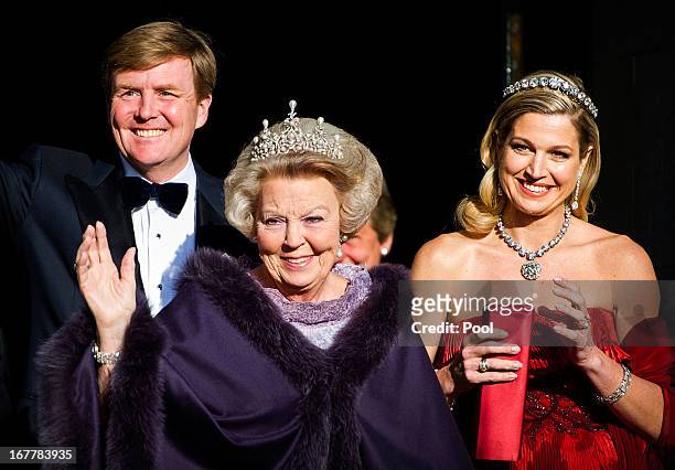 Prince Willem-Alexander of the Netherlands, Queen Beatrix Of The Netherlands and Princess Maxima of the Netherlands leave The Royal Palace in...