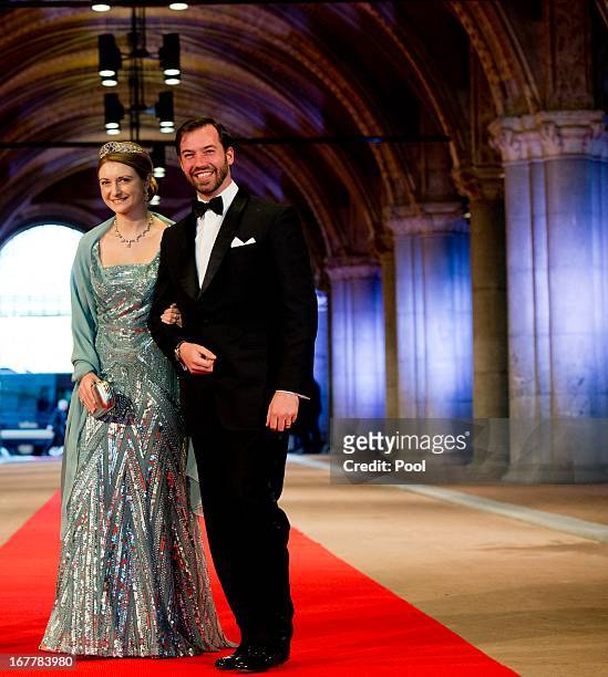 Princess Stephanie of Luxembourg and Prince Guillaume of Luxembourg arrive to attend a dinner hosted by Queen Beatrix of The Netherlands ahead of her...