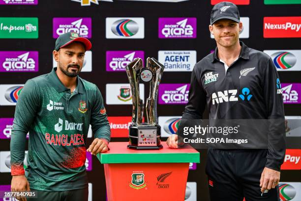 Bangladesh captain Litton Das and New Zealand's captain Lockie Ferguson unveiling the series trophy at the Sher-E-Bangla National Cricket Stadium in...