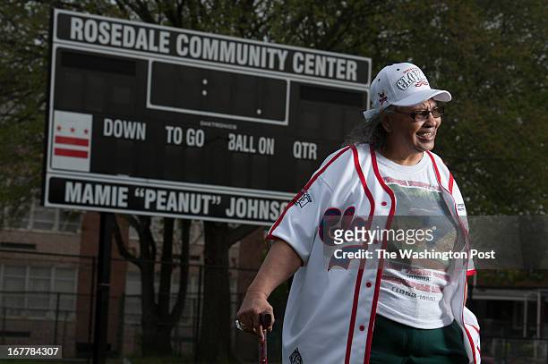 Mamie "Peanut" Johnson, the first woman player in the Negro baseball league, who pitched for the Indianapolis Clowns, poses at the new ball field...