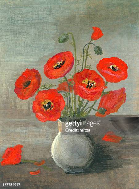 acrylic painted poppy flowers arrangement - still life stock illustrations