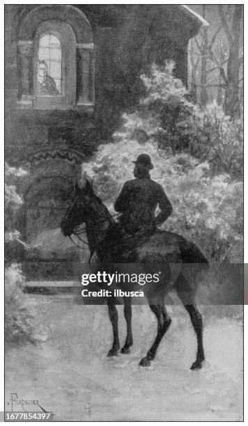 antique image from british magazine - man looking outside window stock illustrations