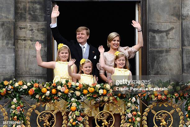 King Willem Alexander, Queen Maxima and their daughters Princess Catharina Amalia, Princess Ariane and Princess Alexia of the Netherlands appear on...