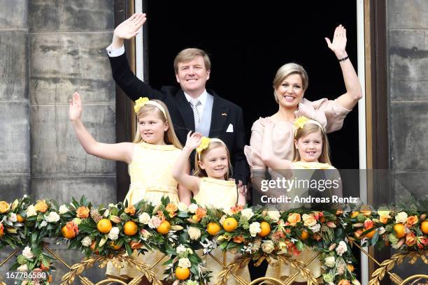 King Willem Alexander, Queen Maxima and their daughters Princess Catharina Amalia, Princess Ariane and Princess Alexia of the Netherlands appear on...