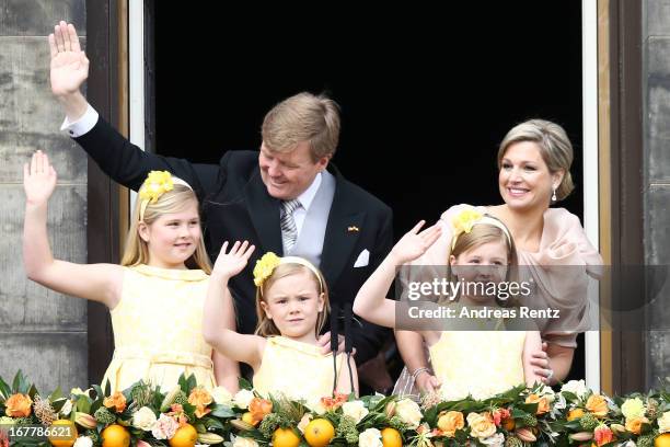 King Willem Alexander, Queen Maxima and their daughters Princess Catharina Amalia, Princess Ariane and Princess Alexia of the Netherlands appear on...