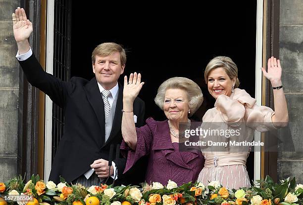 King Willem-Alexander of the Netherlands, HRH Princess Beatrix Of The Netherlands and HM Queen Maxima of the Netherlands appear on the balcony of The...