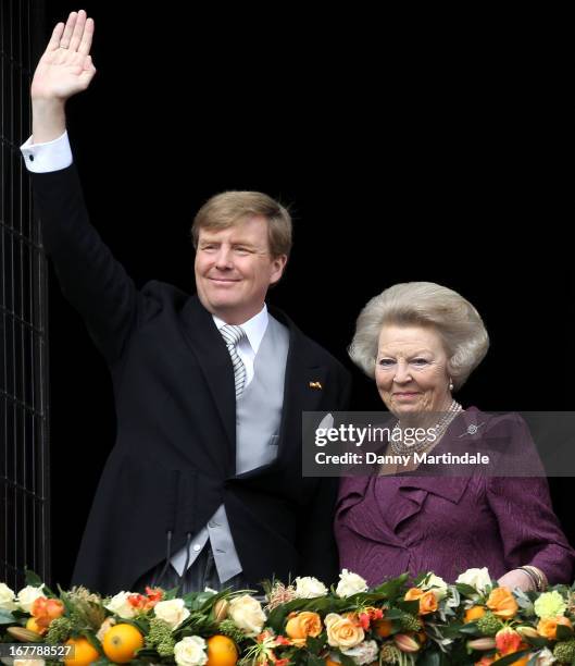 King Willem-Alexander of the Netherlands and HRH Princess Beatrix Of The Netherlands appear on the balcony of The Royal Palace after the abdication...