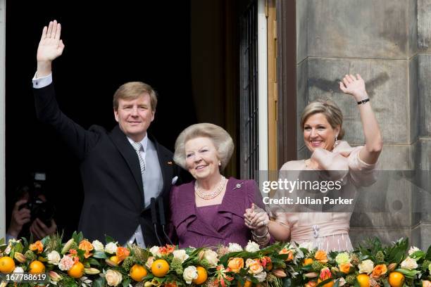 King Willem Alexander of the Netherlands, HRH Princess Beatrix of the Netherlands and and HM Queen Maxima of Holland of the Netherlands appear on the...