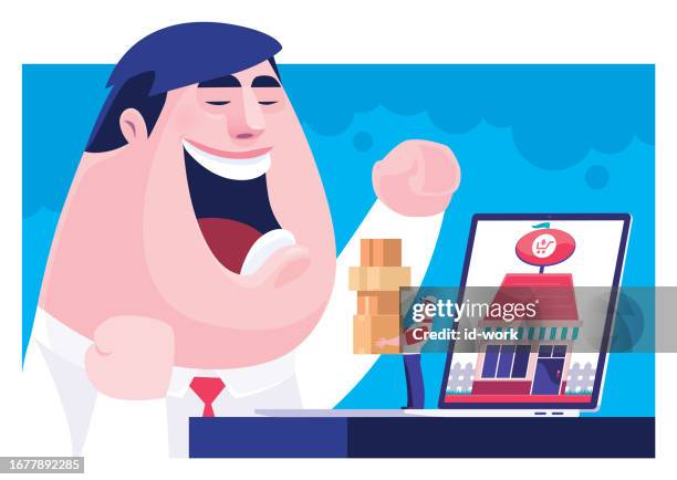 man cheering while finding courier holding stack of cartons on laptop - computer system downtime stock illustrations