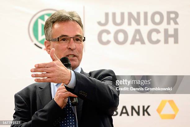 General secretary Helmut Sandrock holds a speach during the launch of the DFB and Commerzbank Junior Coach Program on April 30, 2013 in Mainz,...