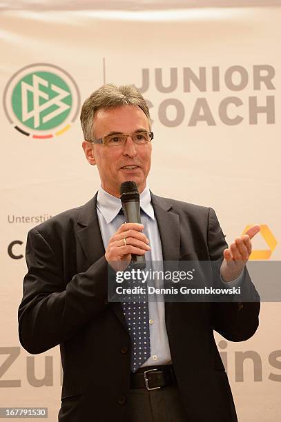 General secretary Helmut Sandrock holds a speach during the launch of the DFB and Commerzbank Junior Coach Program on April 30, 2013 in Mainz,...