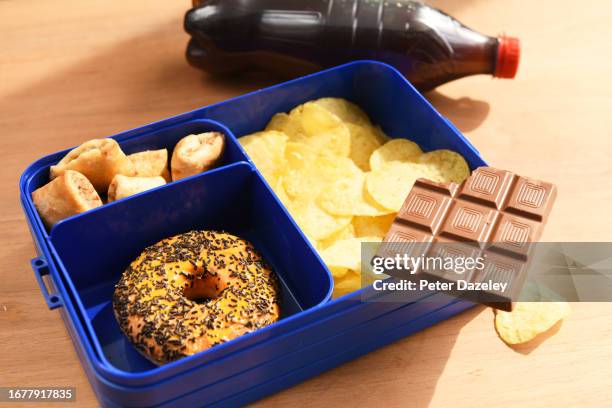 junk food child's lunch box - school lunch box sandwich stock pictures, royalty-free photos & images