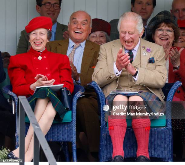 Princess Anne, Princess Royal, Sir Nicholas Coleridge and King Charles III attend The Braemar Gathering 2023 at The Princess Royal and Duke of Fife...