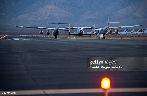 Early flight preparations are made prior to the first powered flight of Virgin Galactic's SpaceShipTwo on April 29, 2013 in Mojave, California....