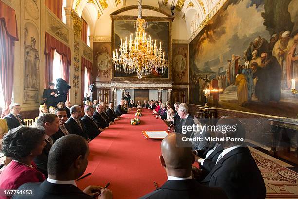 The signing of the Act of Abdication in the Moseszaal at the Royal Palace on April 30, 2013 in Amsterdam. Queen Beatrix of the Netherlands is...