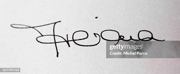 The signature of HRH Queen Maxima is displayed at the signing of the Act of Abdication in the Moseszaal at the Royal Palace on April 30, 2013 in...