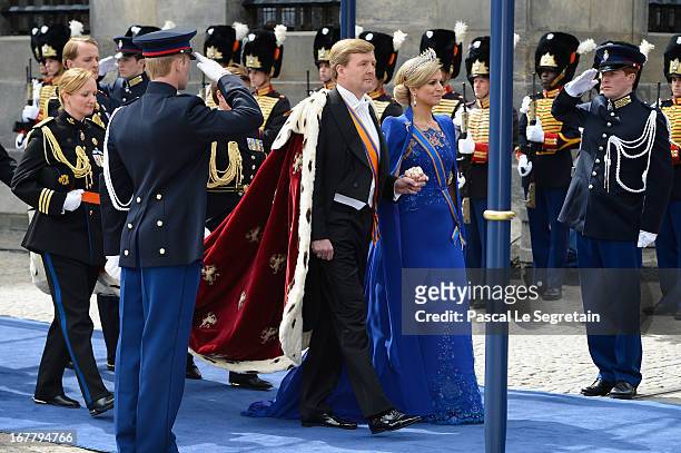 King Willem Alexander of the Netherlands and HM Queen Maxima of the Netherlands arrive to Nieuwe Kerk church ahead of his inauguration ceremony on...